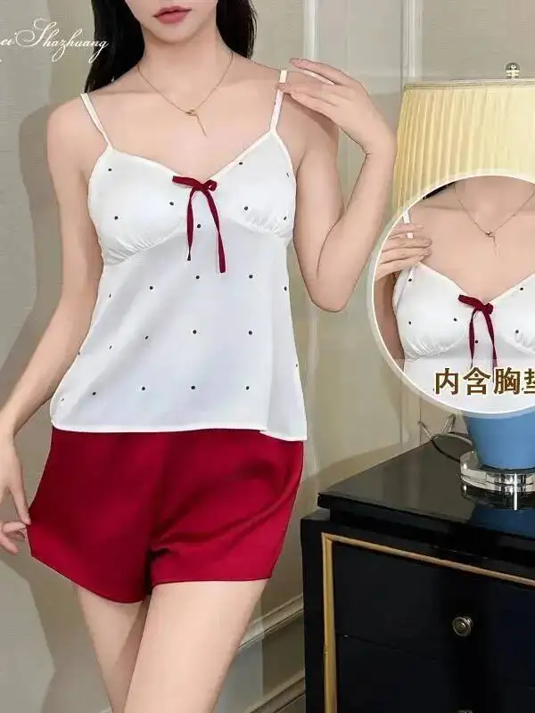 أنيقة الشاش الصيف الساتان المرأة Homewear مجموعة مع منصات الصدر قطعتين ملابس خاصة مع البولكا نقطة طباعة السراويل مجموعات عادية 4GV3 #4