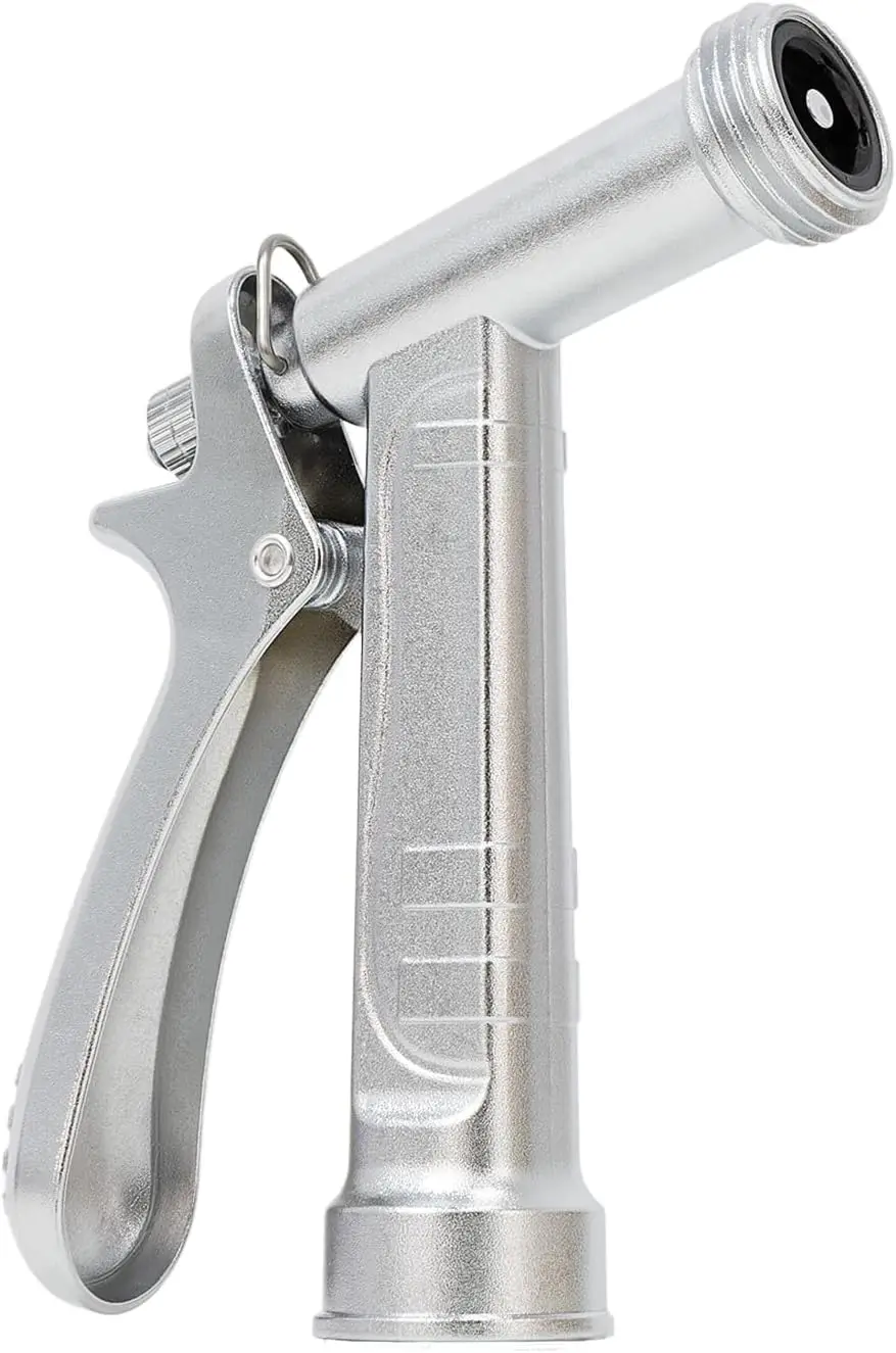 

Металлическая насадка для садового шланга, хромированная, устойчивая к ржавчине, из прочного цинкового сплава, с рукояткой-пистолетом и резьбой.