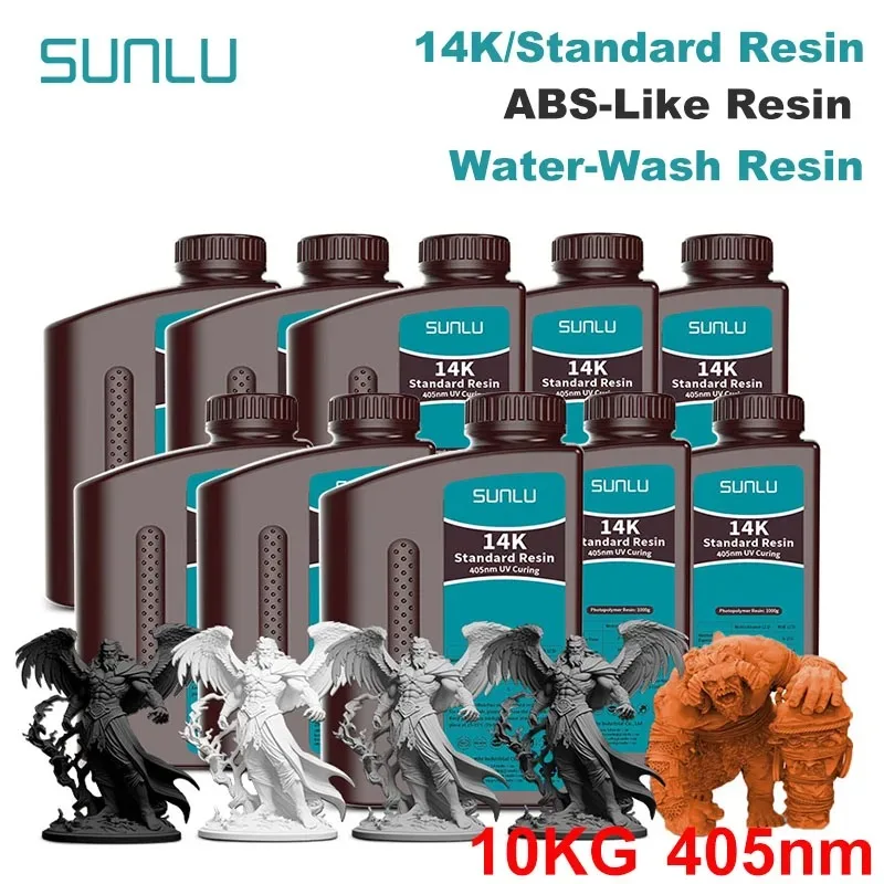 SUNLU 10KG ABS przypominający się/standardowy/mycie wodą/14K żywica o wysokiej precyzji 405nm szybkie utwardzanie UV żywica fotopolimerowa 1KG/butelka