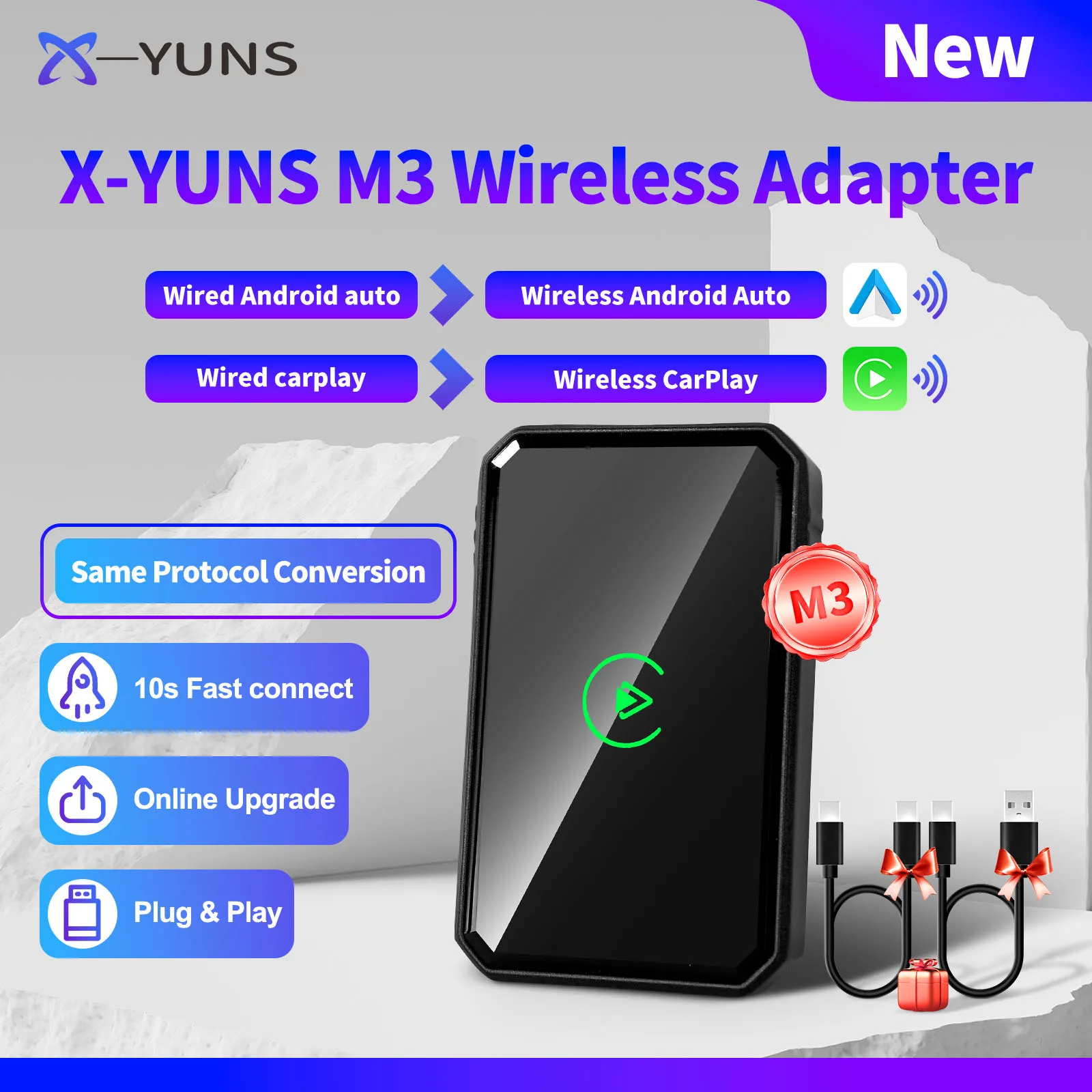 

X-YUNS 2025 NEW 2in1 Wireless Carplay Android Auto Adapter Smart Mini Box WIFI BT Dongle Auto Connect For Most Vehicle Models