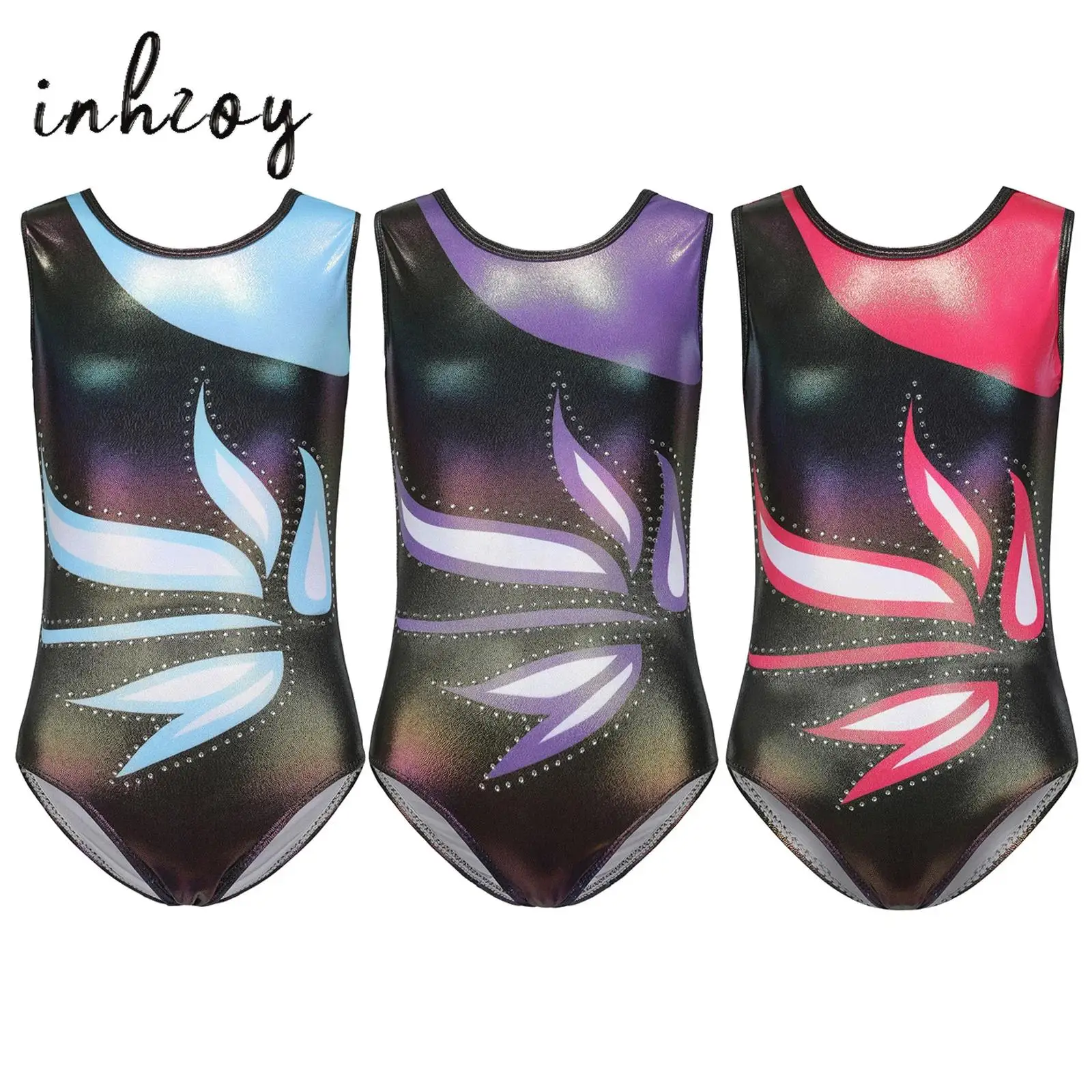 

Kids Girls Acrobatics Gymnastics Leotard Sparkly Rhinestones Color Block Printed Sleeveless Bodysuit Tracksuit Skating Costume