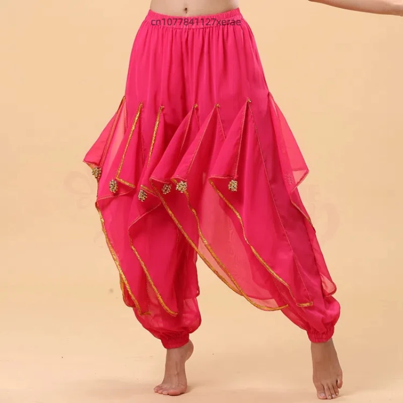 Spettacolo di costumi di danza indiana per adulti, nuovo vestito per la pratica della danza del ventre, pantaloni rotanti con bordo dorato in chiffon per praticare le abilità