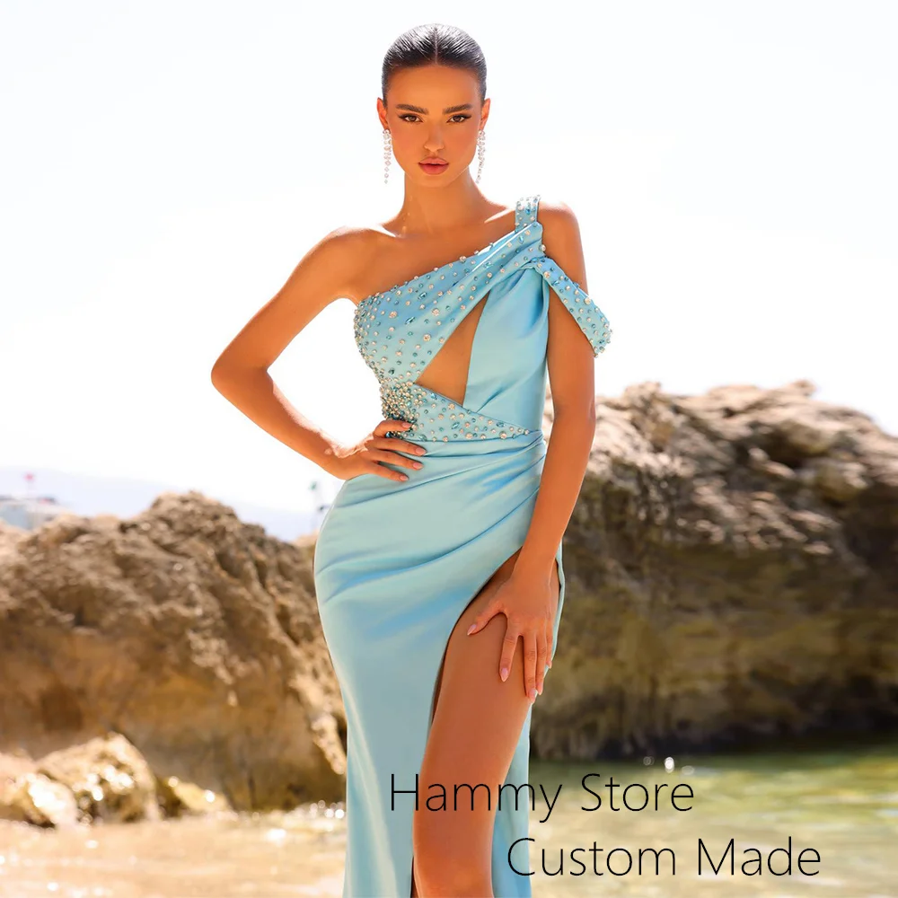 Sexy Light Blue Evening Dress for Pageant One Shoulder Sleeveless Rhinestones High Slit Satin Prom Gown 2024 Robe De Soiree