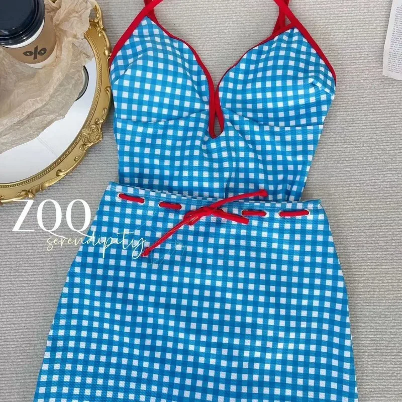New Blue Plaid One-piece Swimsuit Women's Split Comes To A Two-level Piece Set Pure Desire Chest Pad Swimwear Outfits Summer