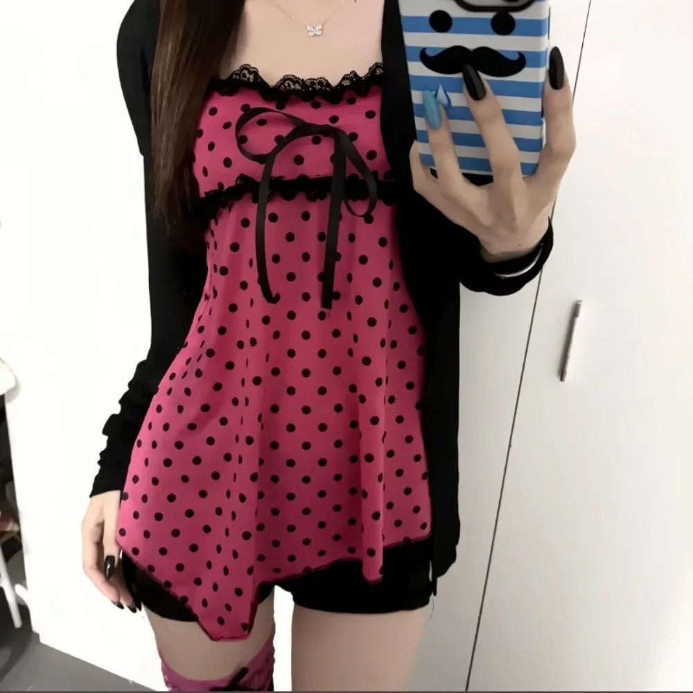 Japanese Sweet 2 Piece Set Women Polka Dot Halter Vest Y2k Lace Patchwork Tops Chic Cardigan Harajuku Fashion Vintage Outfits view 3