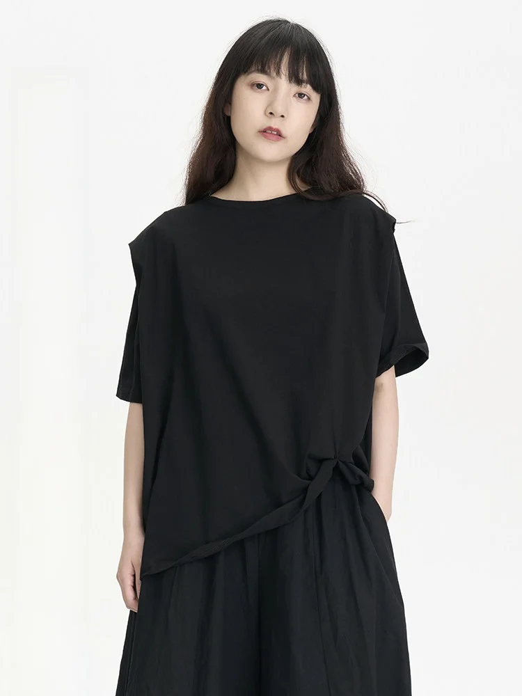 Dark Style Shoulder Pleated Single Side T-Shirt New Summer Product Loose Fit Cotton round Neck Short Sleeve Women's T-Shirt