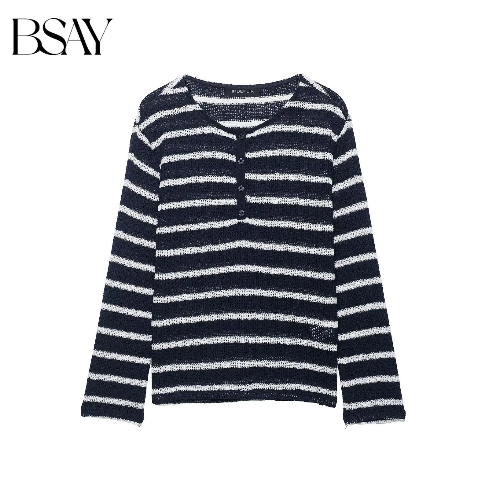 BSAY 2026 Herbst Neue Koreanische Lässige Damen-Strickbluse mit Henley-Ausschnitt, Langen Ärmeln, Halbknopfleiste, Locker Geschnitten, Dünn Gestrickt, Casual Basic Oberteil