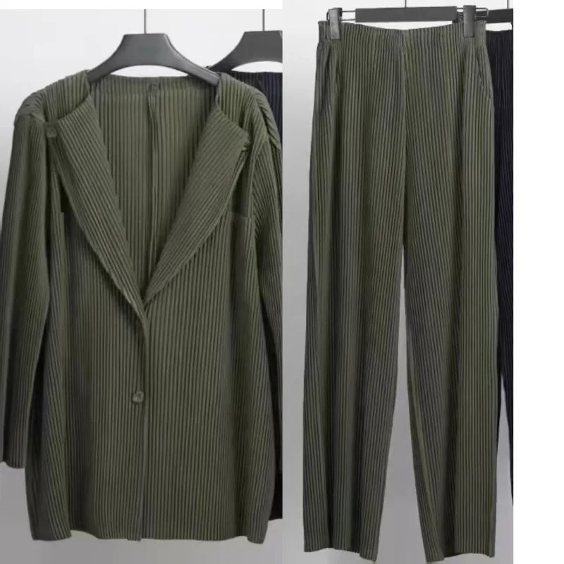 

Miyake плиссированный брючный костюм 2022, осень, новый однотонный складной костюм с воротником, однобортный пиджак + узкие брюки, повседневный универсальный