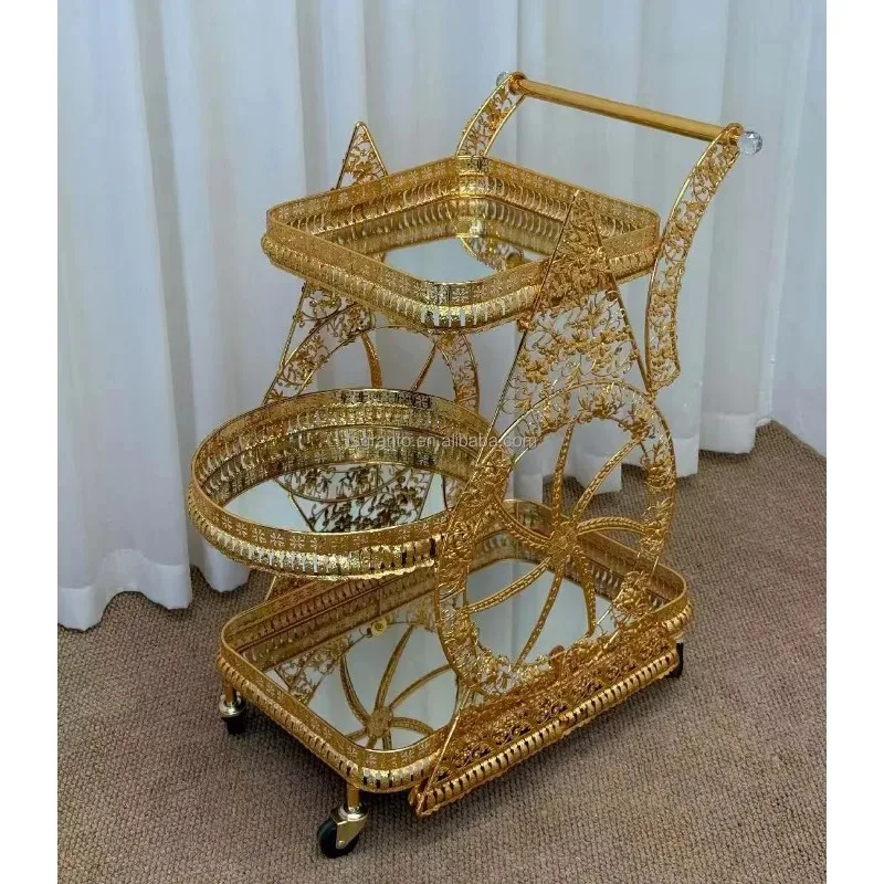 Luxury Mirror Golden Metal Dining Car Hotel Restaurant Festival Decoration Party Wedding Dessert Car Home Bar Drink Trolley