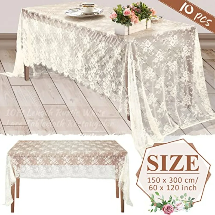مفارش مائدة من الدانتيل العاجي - 10 عبوات، 59 × 118 بوصة، تراكب طاولة مستطيل مطرز بالدانتيل الزهري لحفلات الزفاف، وحفلات استقبال المولود الجديد،
