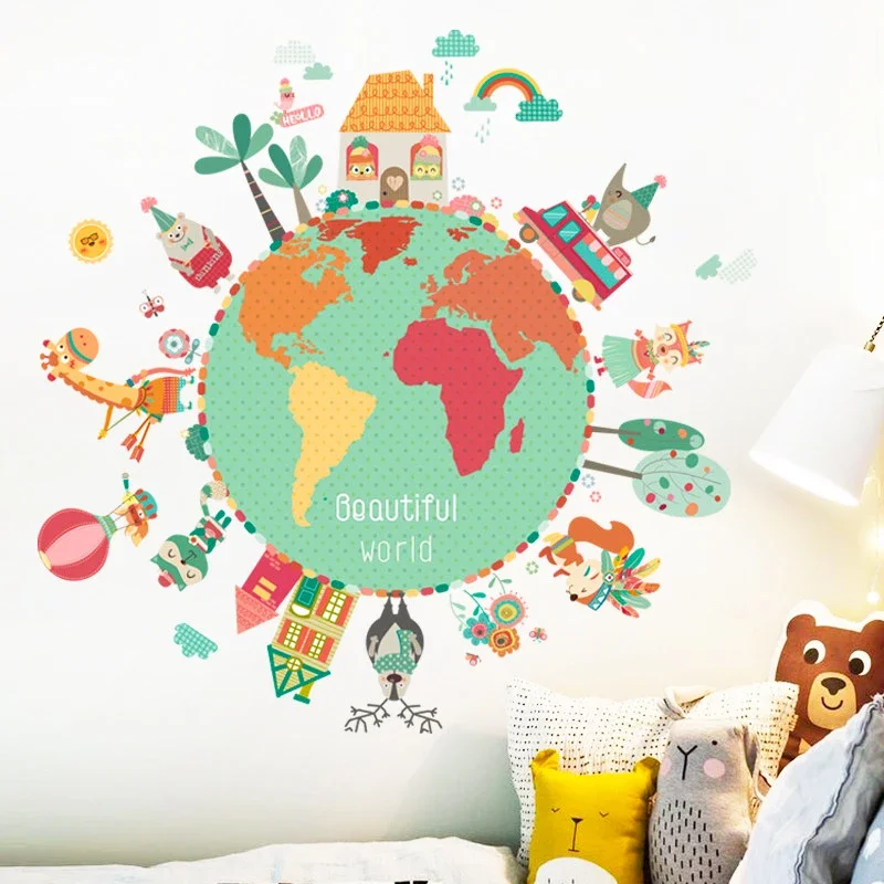 Cartoon creative earth stickers living room wall decor home decor wall sticker kids room decoration cute animal self-adhesive