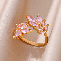 Pink Zircon Tree Leaf Rings for Women Luxury Shine Stainless Steel Ring Elegant Romantic Couple Wedding Band Jewelry anillos