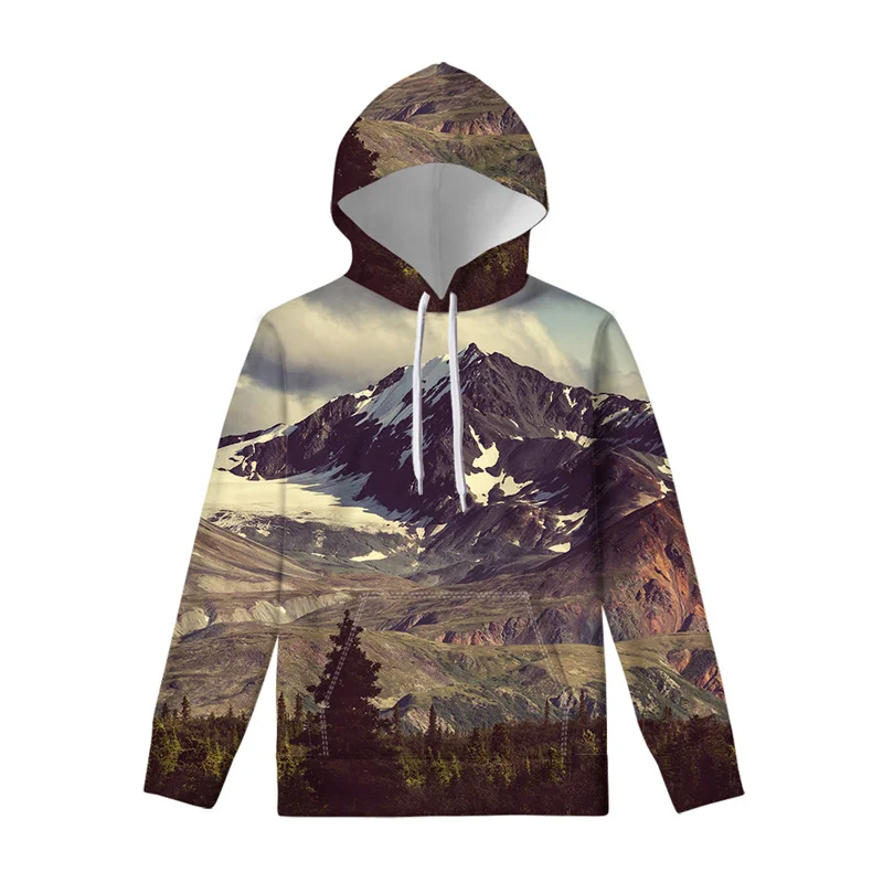 Natural Scenery Mountain Graphic Hoodie Men Women Long Sleeve Pullover Swearshirt Street Casual Oversized 3D Printed Hoodies