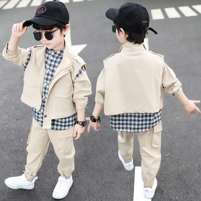 

Boys Autumn Outfit Set New Children's Korean Version Handsome Shirt+Vest +Pants Three Piece Set Kids Clothing For 90-140cm
