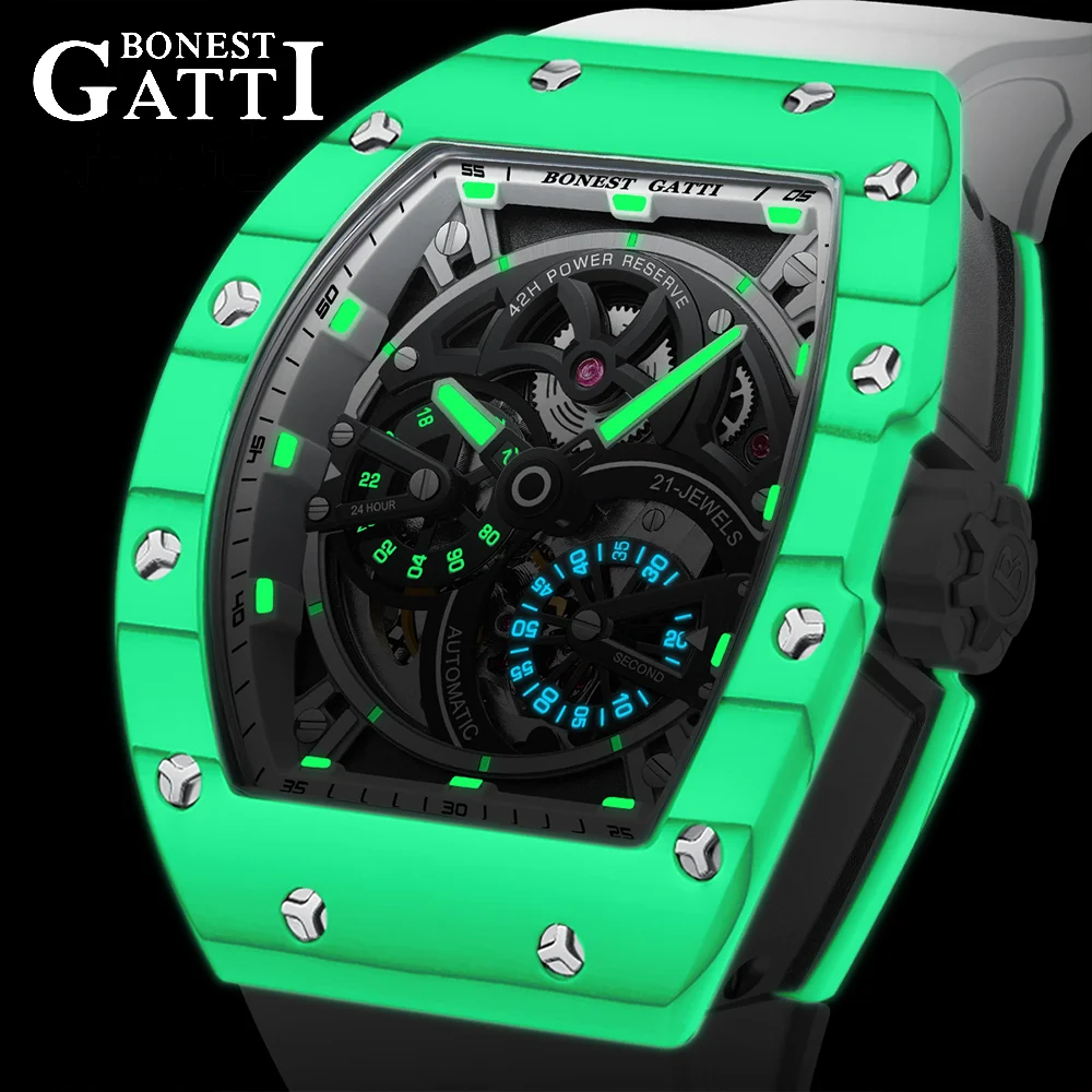 BONEST GATTI German Brand Automatic Movement Mechanical Watch Business Carbon Fiber Bezel Tonneau 30ATM Night Light BG-9004