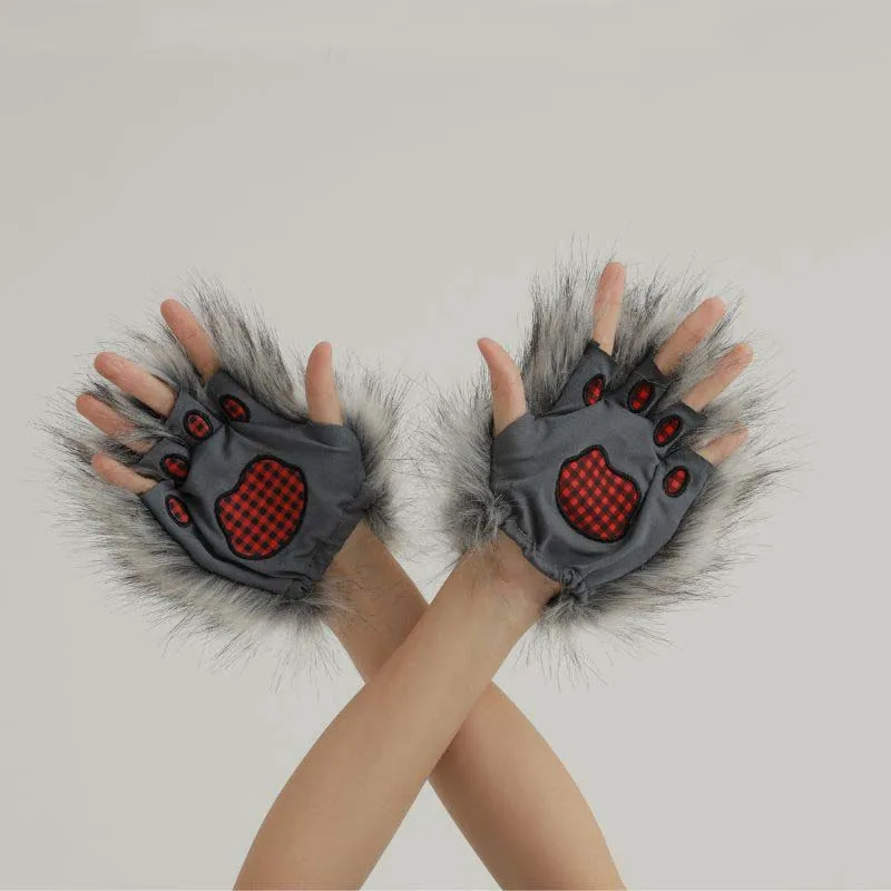 Halloween pluche wolf klauw handschoenen grijze harige weerwolf poot kostuum want voor kinderen en volwassenen kerst grappige handschoenen