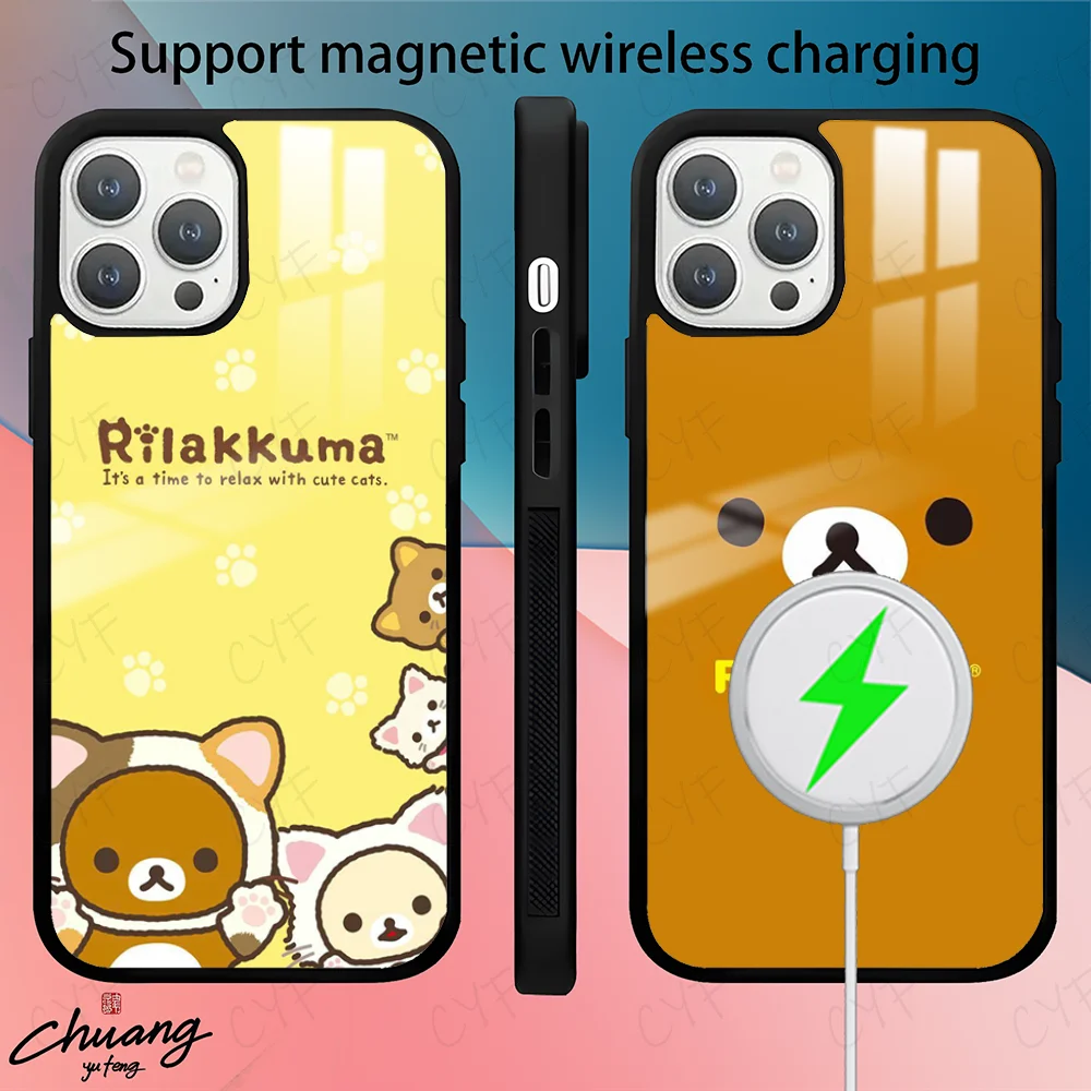 Anime Cute Cartoon R-Rilakkuma Phone Case For iPhone 16 15 14 13 12 11 Pro Max Plus Mini Magsafe Mirror Wireless Magnetic Cover