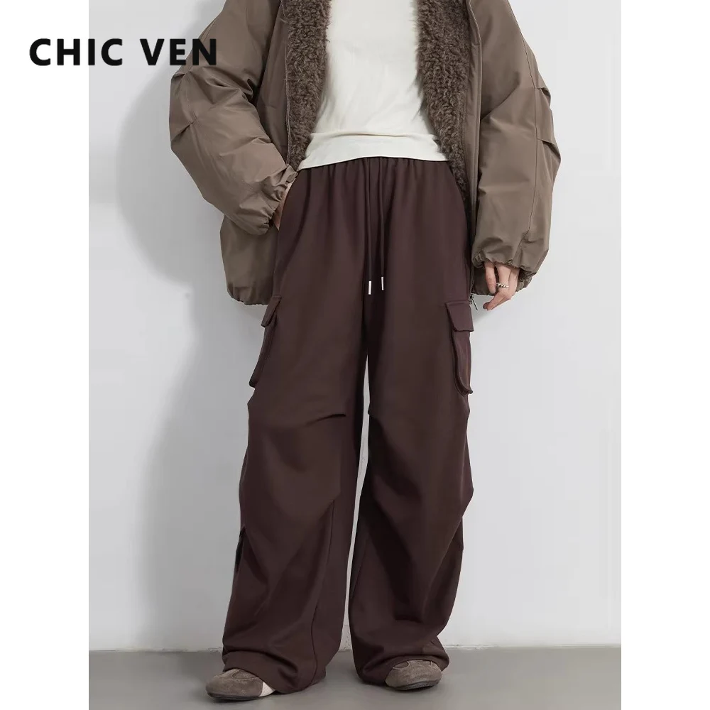 

CHIC VEN Women Casual Pants Retro Solid Elastic Waist Drawstring Straight Leg Cargo Pant Girl Trousers Spring Autumn New 2026