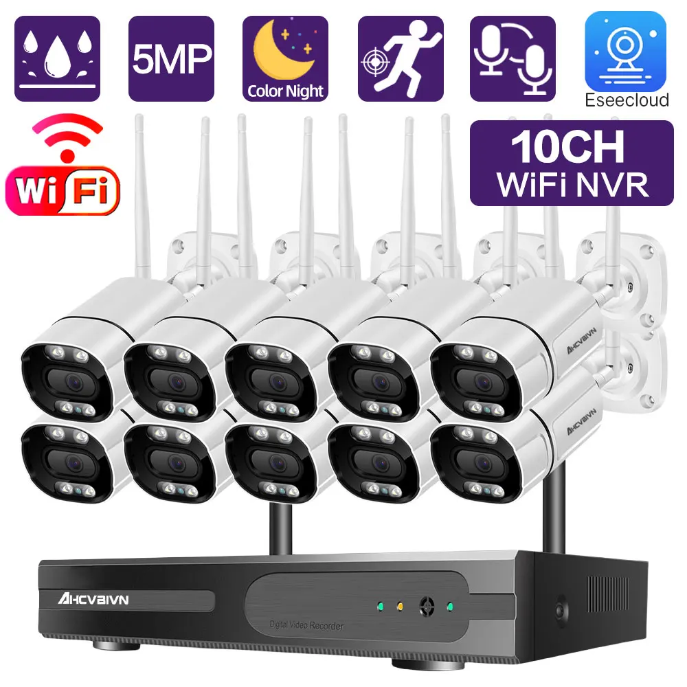 

10Channels 5MP Bullet WiFi Camera Kit Two Way Audio Human Detection Outdoor Security Cameras 10CH NVR Video Surveillance System