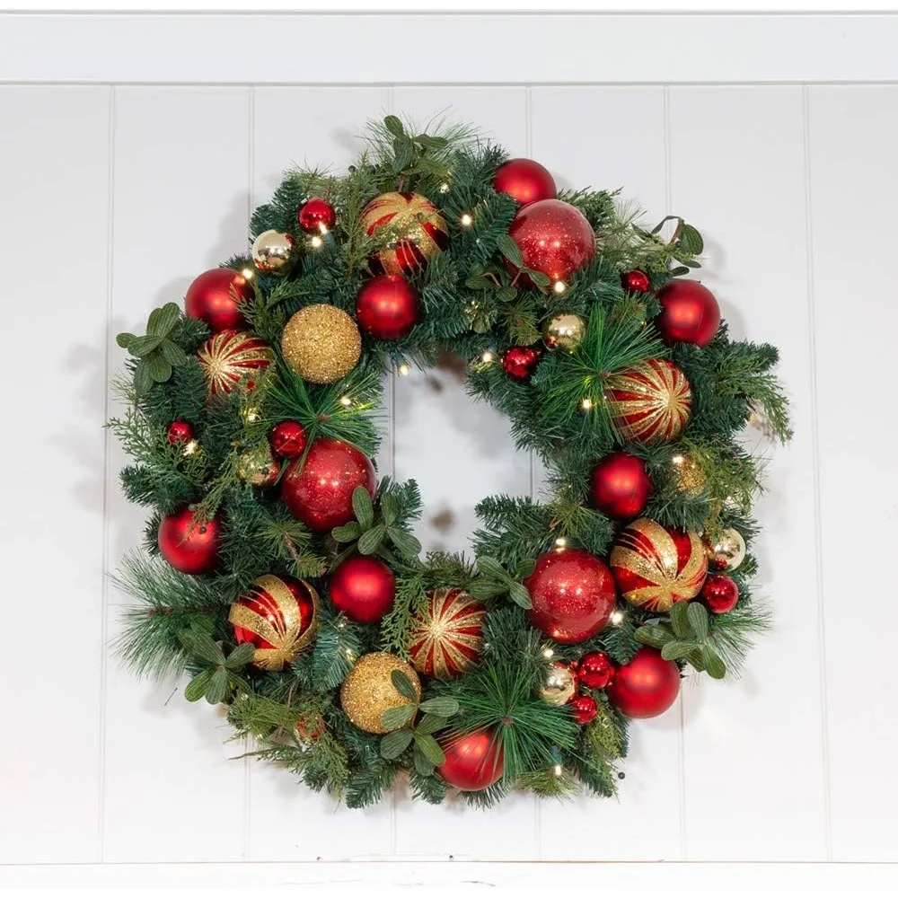 

30 Inch Artificial Christmas Wreath, Pre Installed with 50 Warm Transparent LED Lights, Remote Control Battery Powered Timer