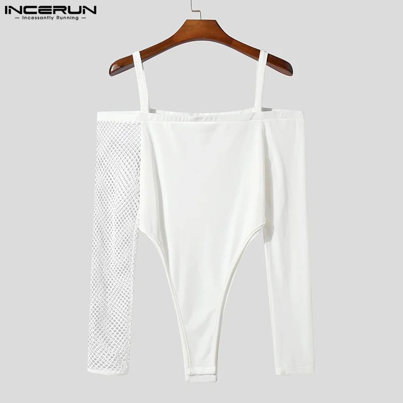 2023 Men\'s Bodysuits Mesh Patchwork Off Shoulder Long Sleeve Skinny Sexy Male Rompers Streetwear Fashion Bodysuit S-5XL INCERUN