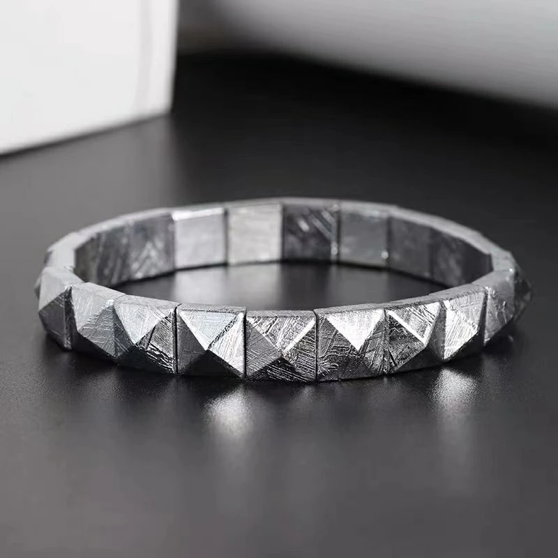 

Natural Gibeon Iron Meteorite Pyramid Bracelet Rectangle Beads Bangle Women Men 10x10mm Strong Energy AAAAA