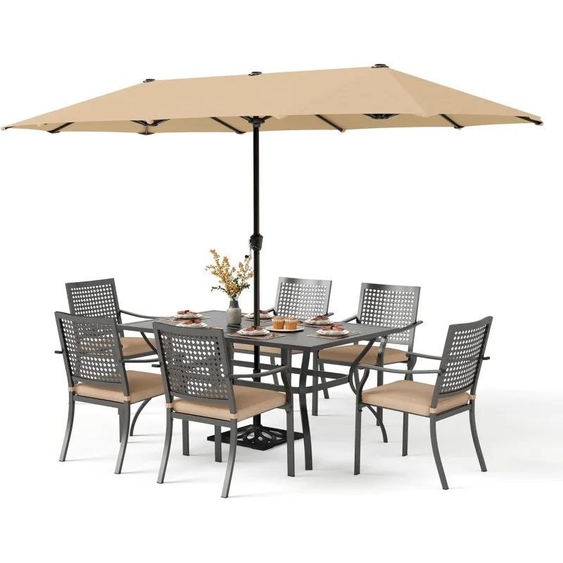 

-Piece Outdoor Dining Set 6, 60 Metal Table + Stackable Cushioned Chairs with 13ft Beige, Steel Patio Furniture