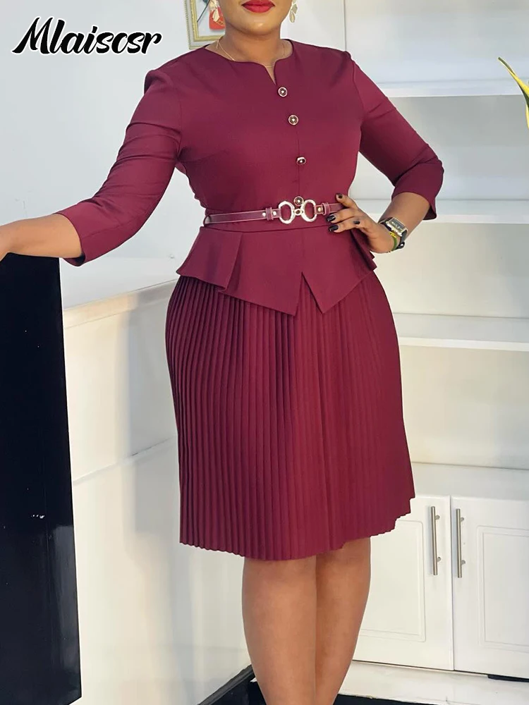 Mlaiscsr Elegant Office Dress with Belt for Women Blue O-Neck Peplum Pleated 3/4 Sleeves African Female Fall Evening Gowns Robe