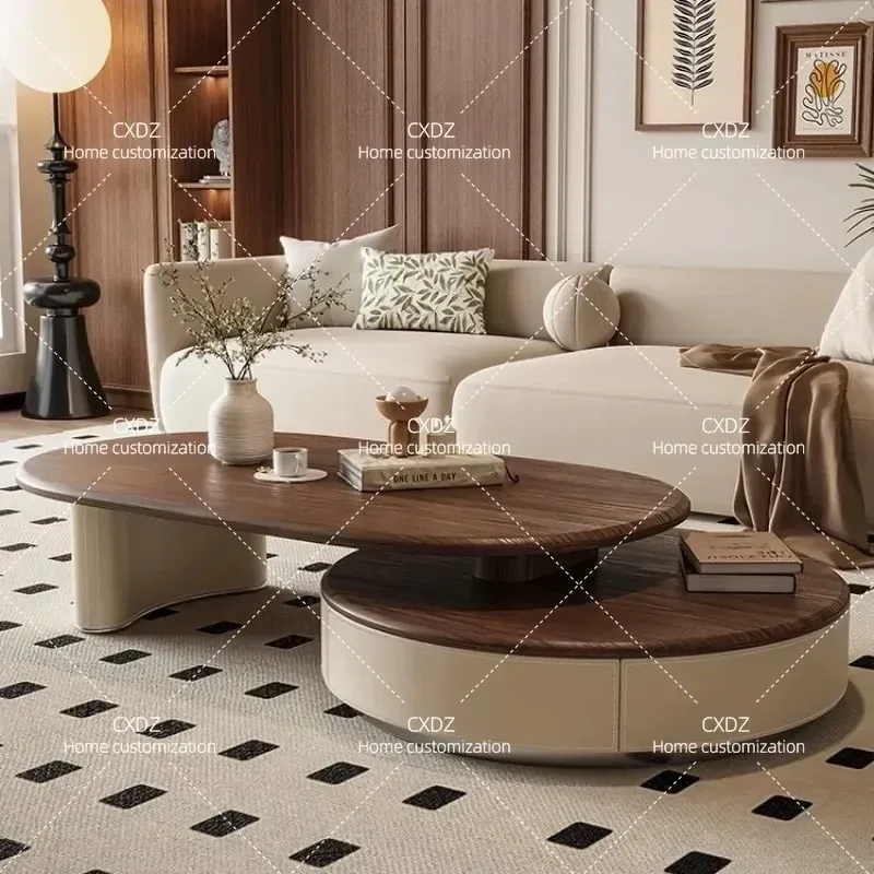 Retro Light Luxury Retractable Round Coffee Table Modern Simple Small Apartment Living Room High End New Style Tea Table