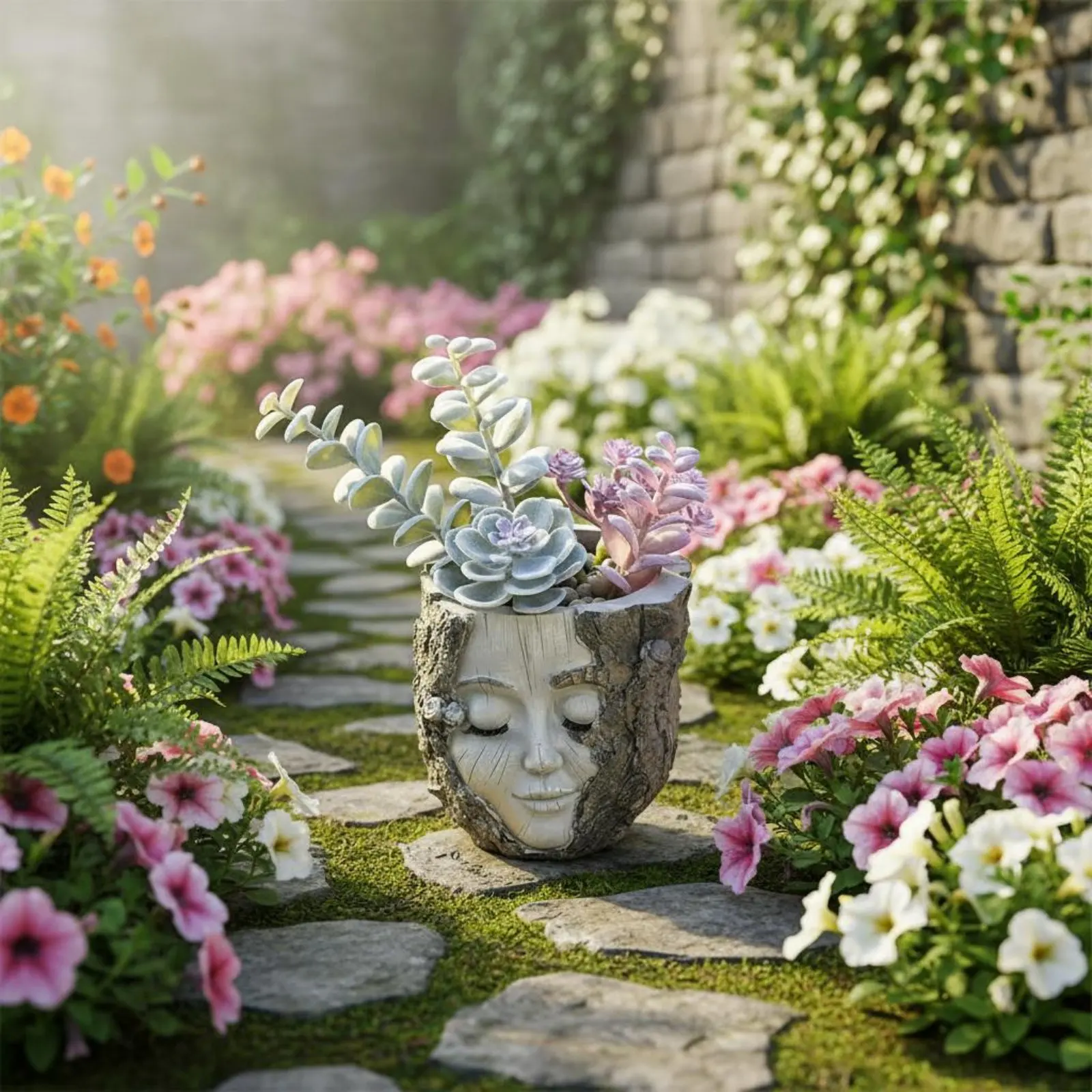 Divine Face Planter Artisan-Made Look Divine Head Planter Tree Trunk Head Pot Weather-Resistant for Courtyard