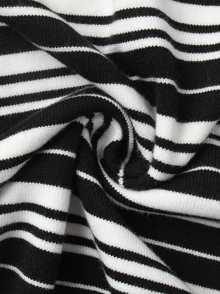 Vintage listrado de malha camiseta feminina outono botões turndown colarinho manga longa camisetas simples moda casual pulôver topos