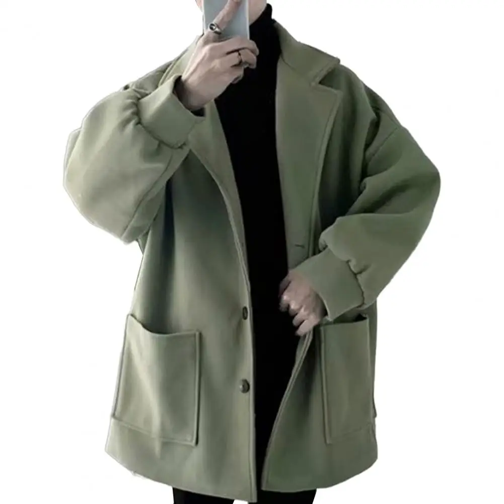 

Men Solid Color Jacket Warm Winter Trench Coat with Notch Collar Pockets Mid-length Overcoat