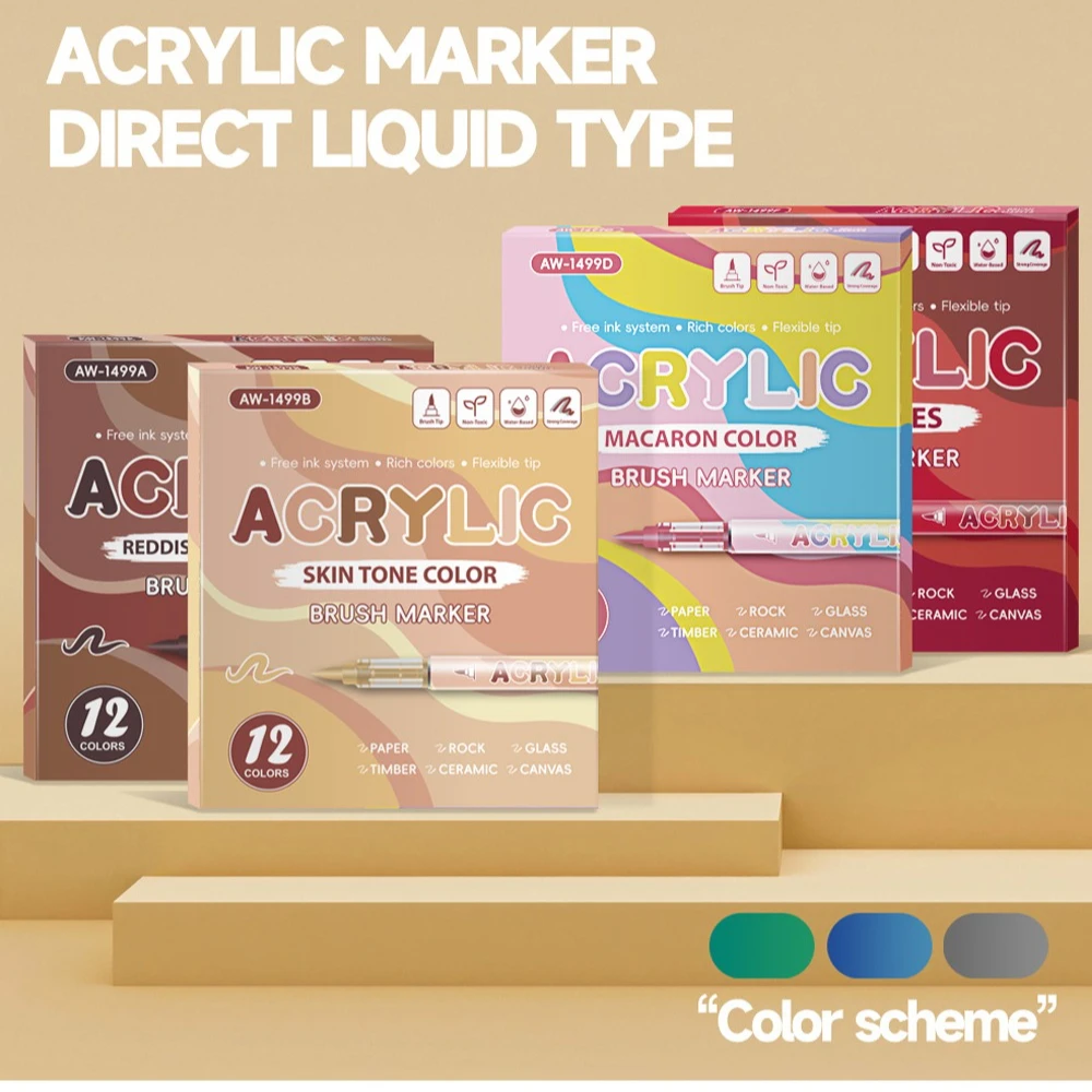 

12 Colors Acrylic Markers Soft Brush Tip Professional Color Series For Halloween Painting Drawing Egg Stone Cup Art Supplies.