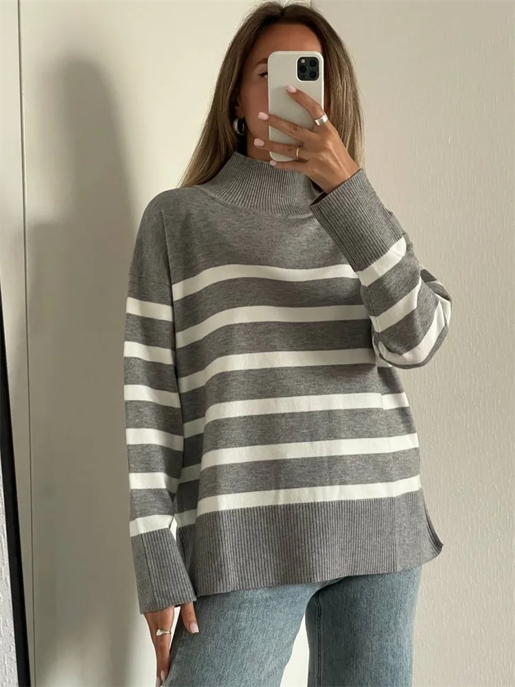 Stripe Print Turtleneck Sweater Knitting Pull Femme Jumpers Women Knitted Long Sleeve Basic Tops Fall 2024 Winter Knit Sweaters