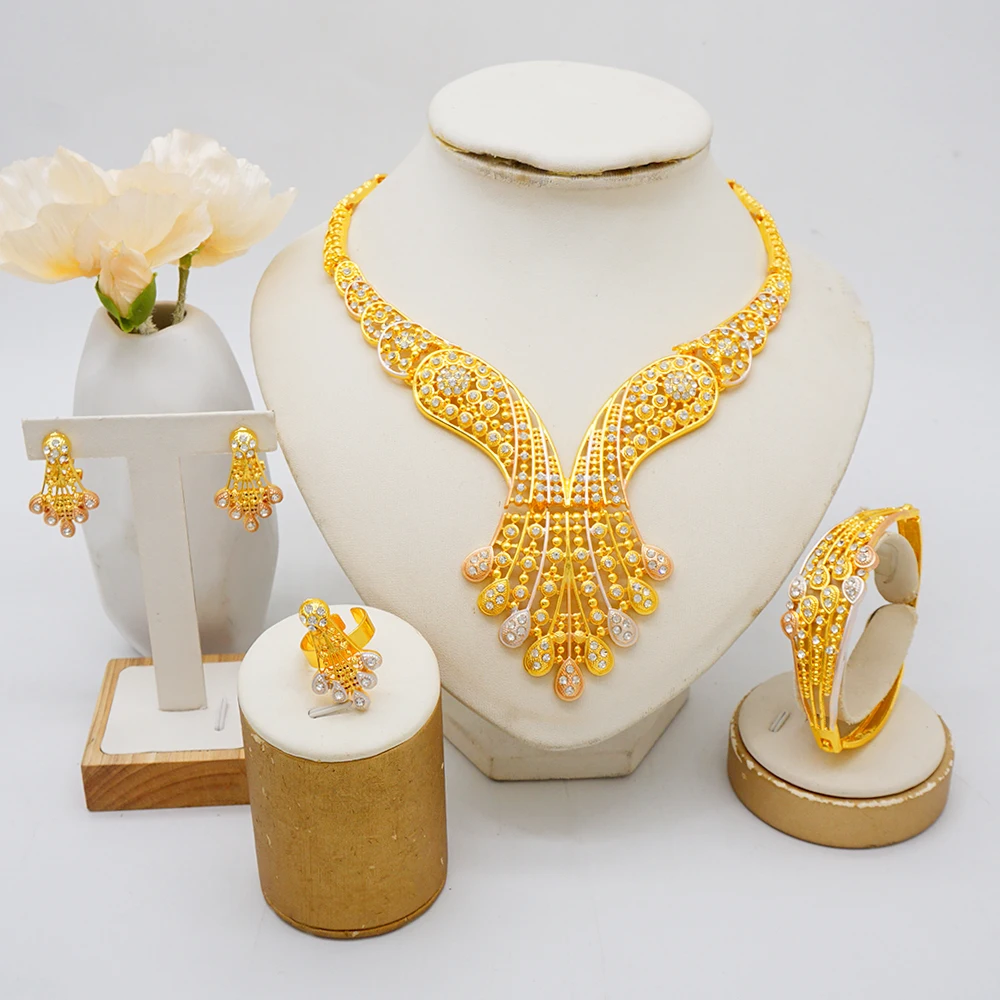 

Indian Bridal Fashion Jewelry Set Dubai Gold Color Nigerian Wedding African Pendant Necklace Jewellery Set Party Gift Wholesale