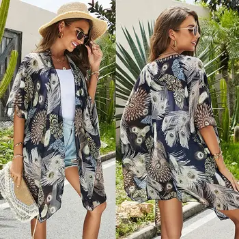 Copricostume da bagno da donna in chiffon con stampa floreale, ampio e trasparente, sexy, kimono, cardigan, copricostume da bagno, abbigliamento da donna per le vacanze 10 best sales kimono di chiffon - №1