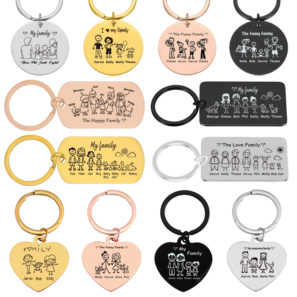 

Personalized Family Keychain Engraving Stainless Steel Dad Mother Kids Name Custom Keyring Key Chain Ring Holder Gifts Men Women