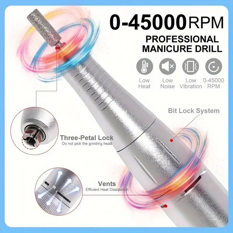 Broca elétrica portátil para unhas, 45000rpm, sem fio para cuidados com as unhas, máquina de broca para lixa de unhas, kit de manicure e pedicure, recarregável para gel/