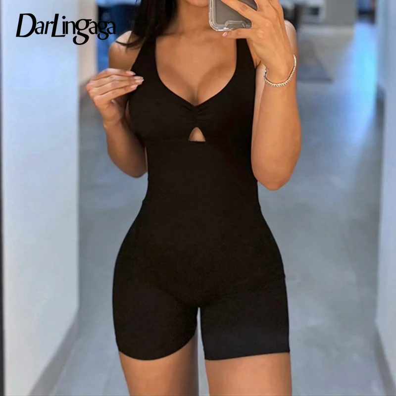 

Darlingaga Streetwear Backless Fitness Summer Playsuit Women Sleeveless Bandage Fold Sporty Chic Bodysuit One Piece Rompers Gym