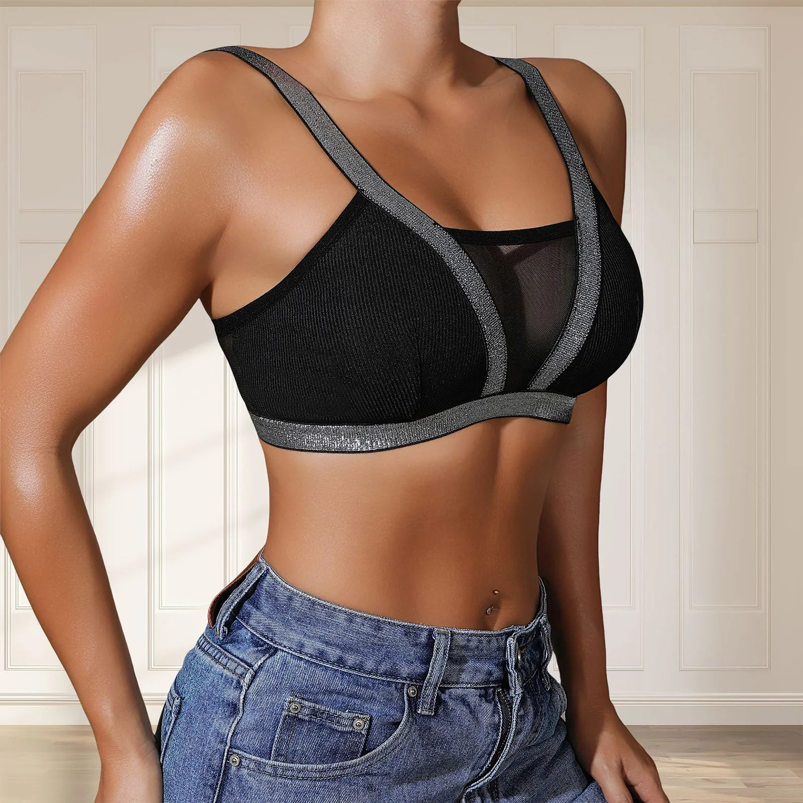 

Women Lightweight Sheer Mesh Athletic Camisole Sleeveless Cropped Vest Shimmery Trim Breathable Quick Dry for Sports Gym Workout