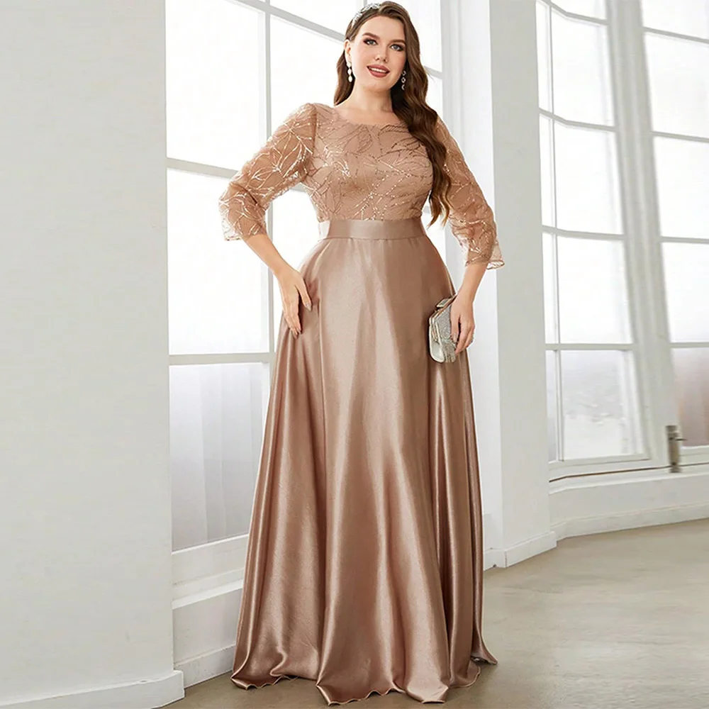 

Изысканное женское платье больших размеров с блестками, украшенное атласным подолом трапециевидной формы с рукавами 3/4, вечернее платье макси, длинное платье