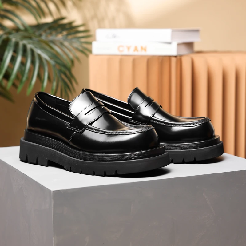 Fashion Platform Round Toe Black Dress Shoes Genuine Leather Casual Shoes Mens Wedding Shoes