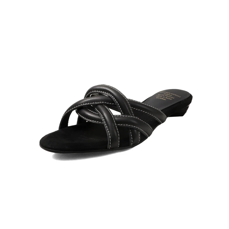 Women's Elegant and Simple Low Heel Bottom Slippers Fashion Outdoor Anti Slip Round Toe Slippers Cowhide Brand Highend Slippers