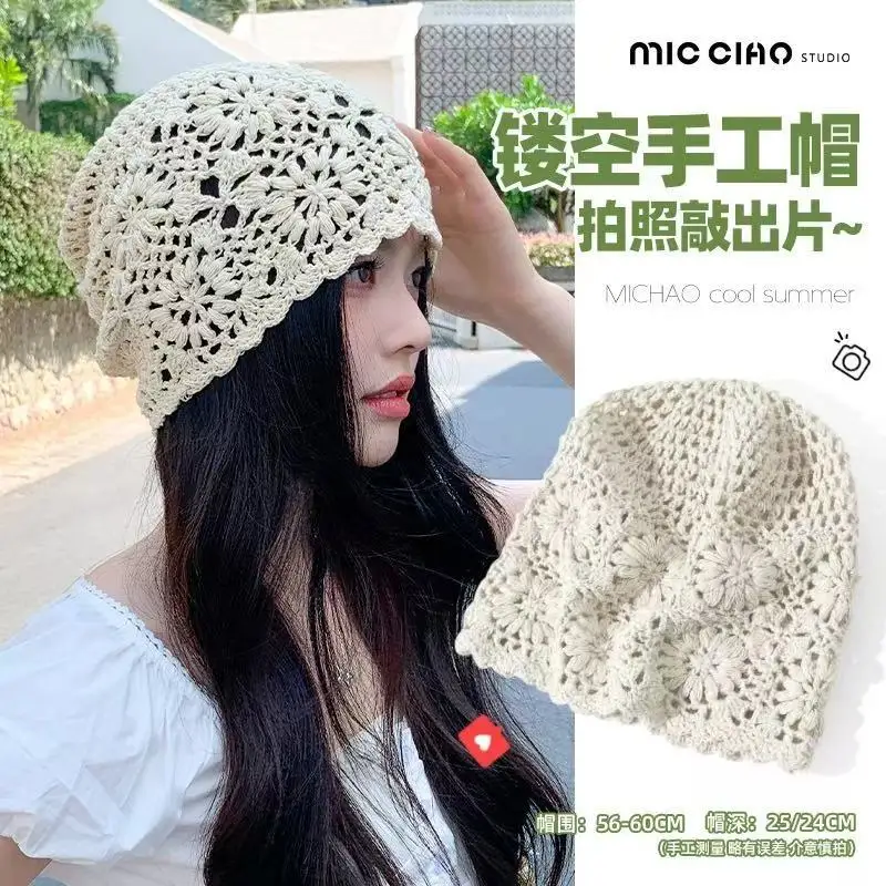 Fashion Handcrafted Knitted Openwork Bucket Hat for Women, Crochet Ethnic Flared Beaded Ear Flap Tie-Up Pullover Knit Cap