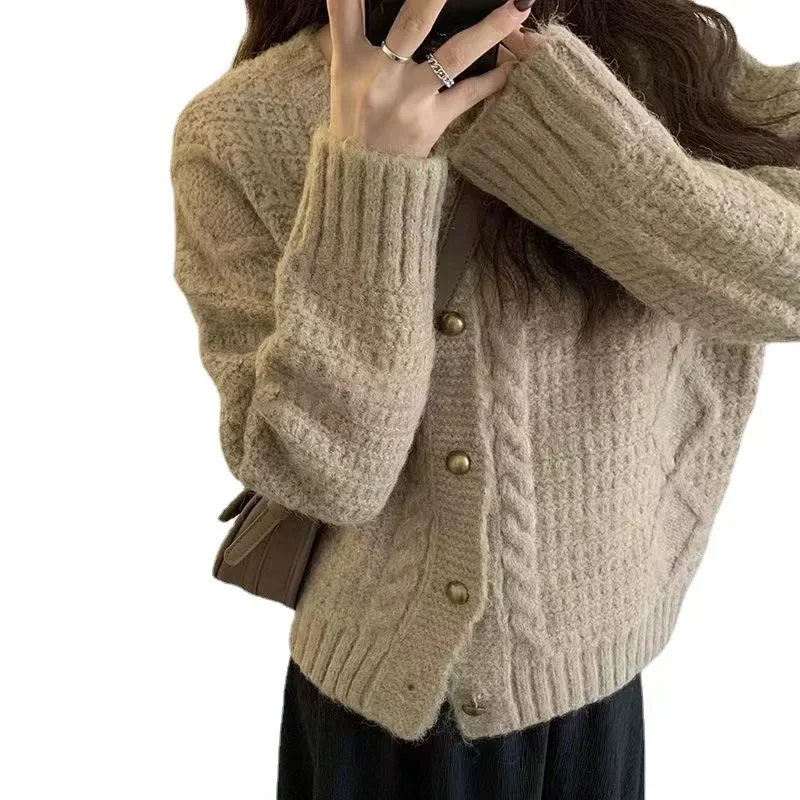 أكمام طويلة، سترات واحدة الصدر، ملابس الربيع والخريف، سترة صوفية قصيرة للنساء، معطف قصير، رقبة دائرية، #5