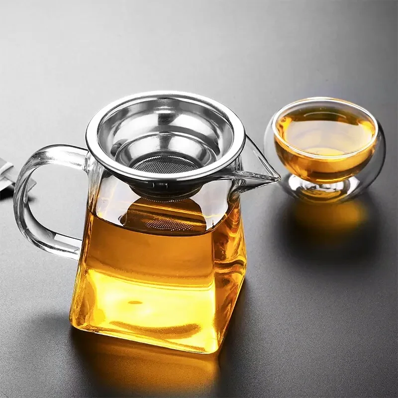 Heat Resistant Teapot Kitchen Clear Glass Jug with Infuser Coffee Tea Leaf Pot Glass Stainless Steel Leaky Square Teapot