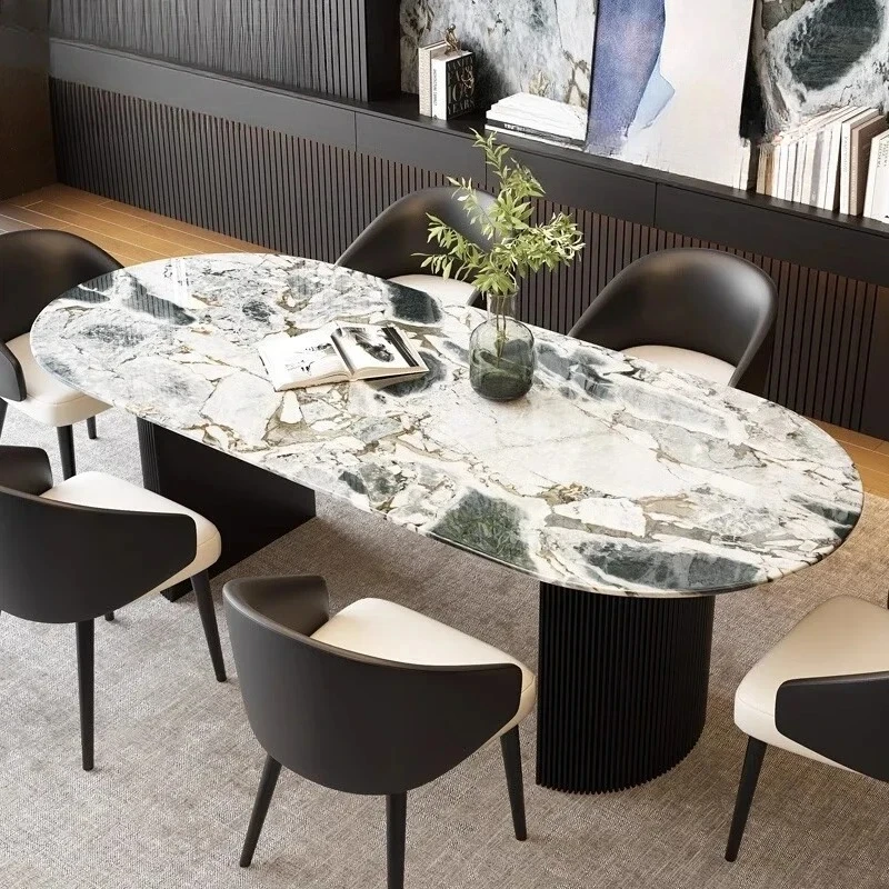 

household Italian high-end light luxury with round luxury stone solid wood Imported natural marble dining table rectangular