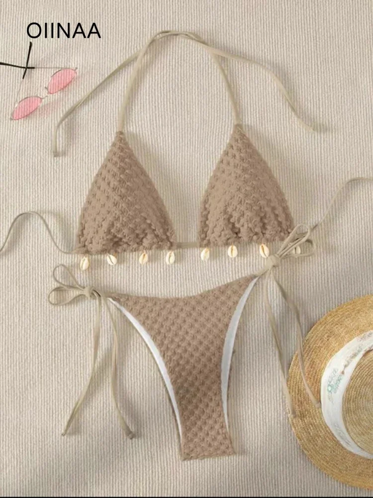 New Bathing Suit Women Sexy Solid Shell Bikini Set Drawstring Side Bow Tie Beachwear Summer Halter Lace Up Two-piece Swimwear