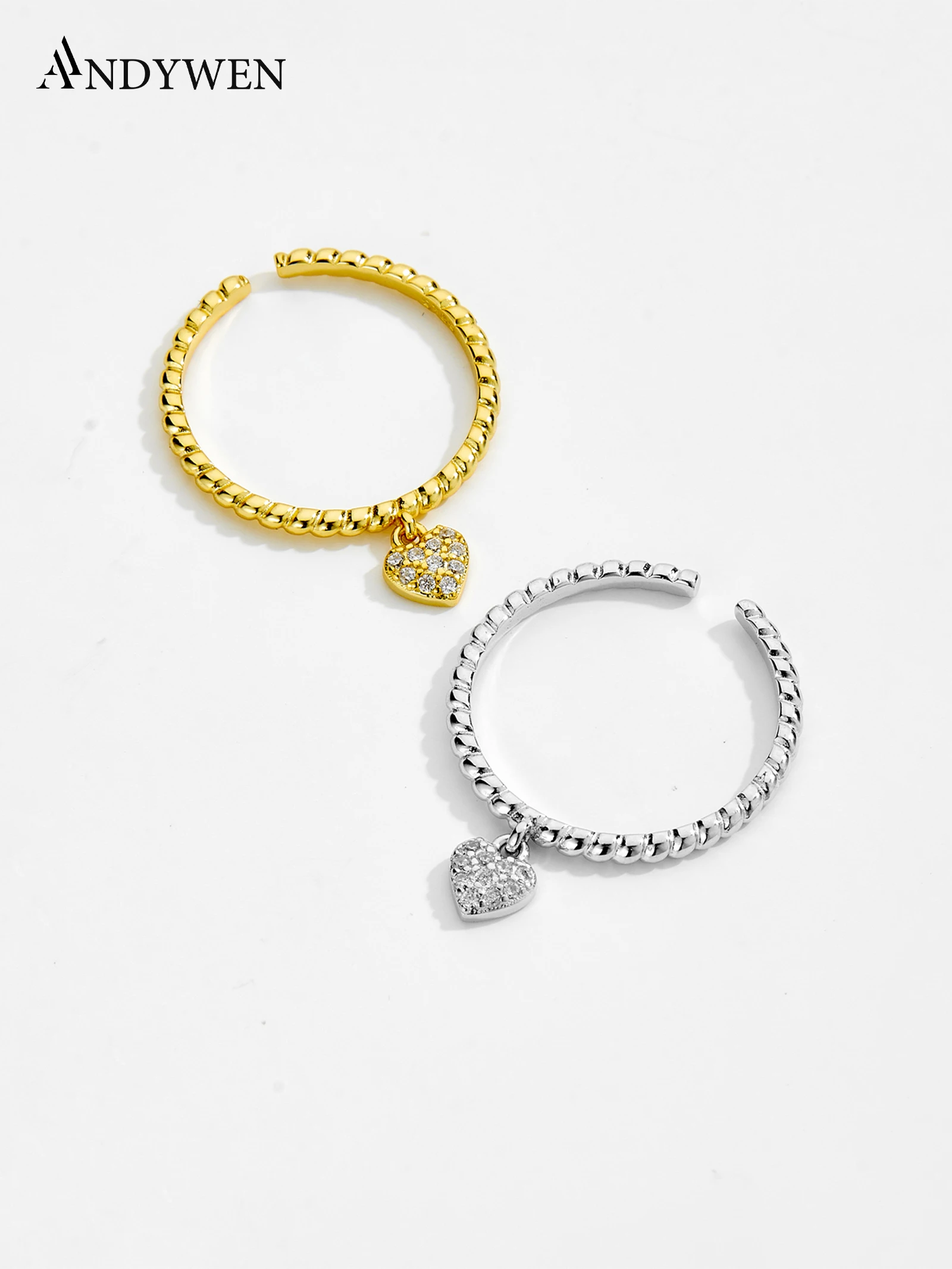 

ANDYWEN 925 Silver Twist Ring with Heart Pendant, 5A Zirconia Adjustable Jewelry, Romantic Gift for Women, Dainty Everyday Wear