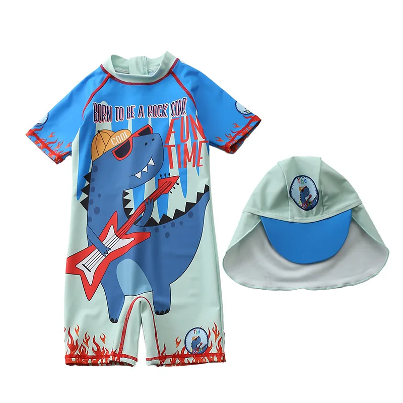 HappyFlute Summer Short Sleeve One Piece With Swimming Cap Cute Baby Animals Print Seaside Quick Dry Swimsuit